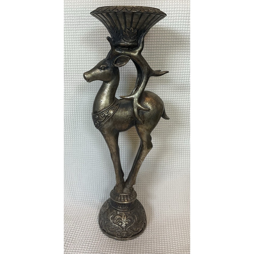 Vintage St Bronze Deer Stag Candle Holder Gothic Ornate Reindeer Candelabra 18"